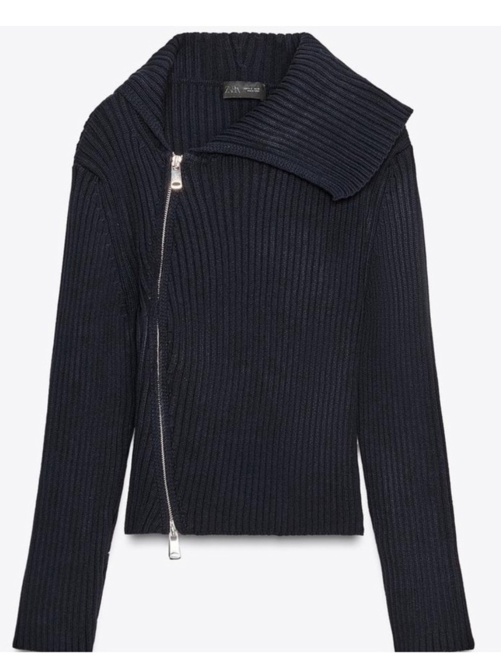 Zara Rib-Knit Asymmetric Zip Cardigan Navy Blue large NWT Classic minimalist